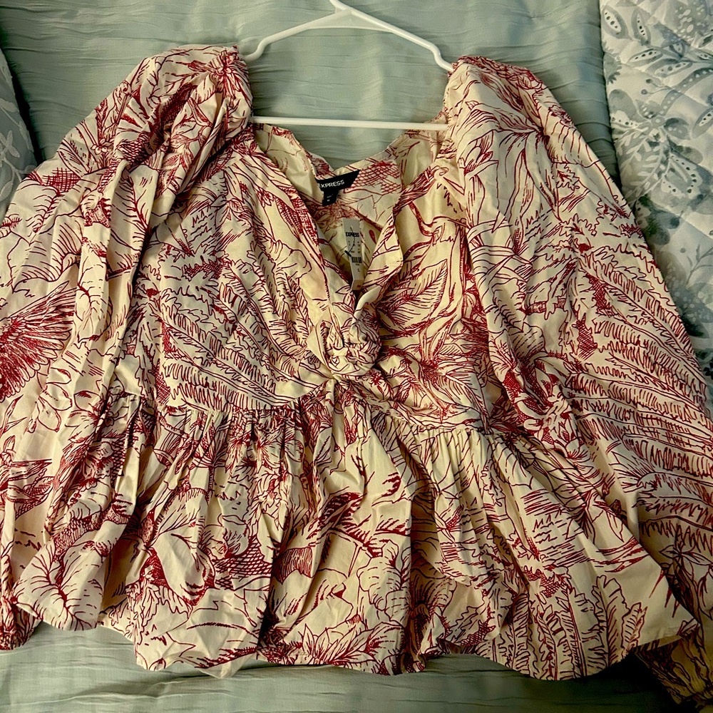 NWT XL Express Red and tan long sleeve peplum blouse.